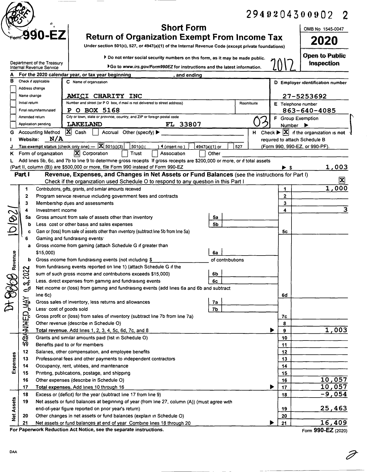 Image of first page of 2020 Form 990EZ for Amici Charity