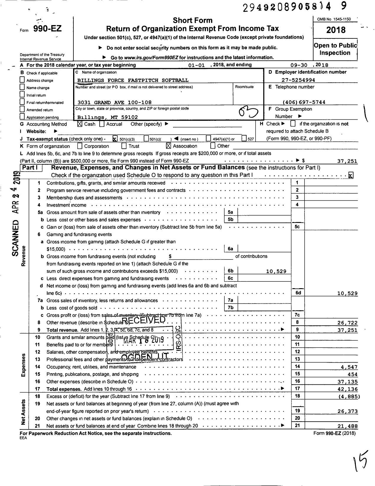 Image of first page of 2017 Form 990EZ for Billings Force Fastpitch Softball