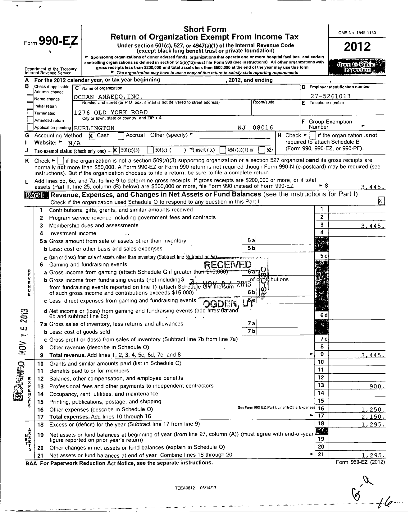 Image of first page of 2012 Form 990EZ for Ocean-Anaedo