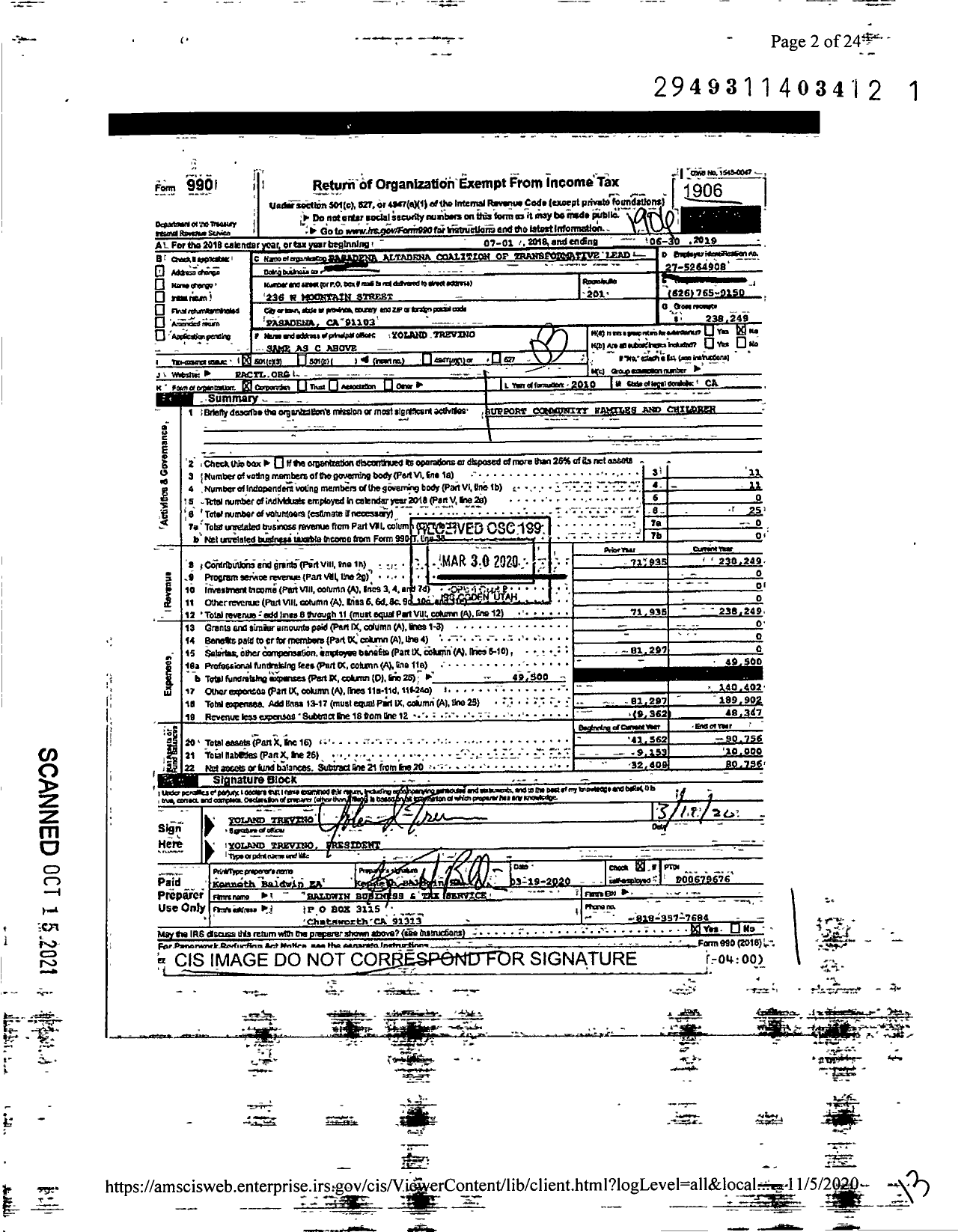 Image of first page of 2018 Form 990 for Pasadena Altadena Coalition of Transformative Lead