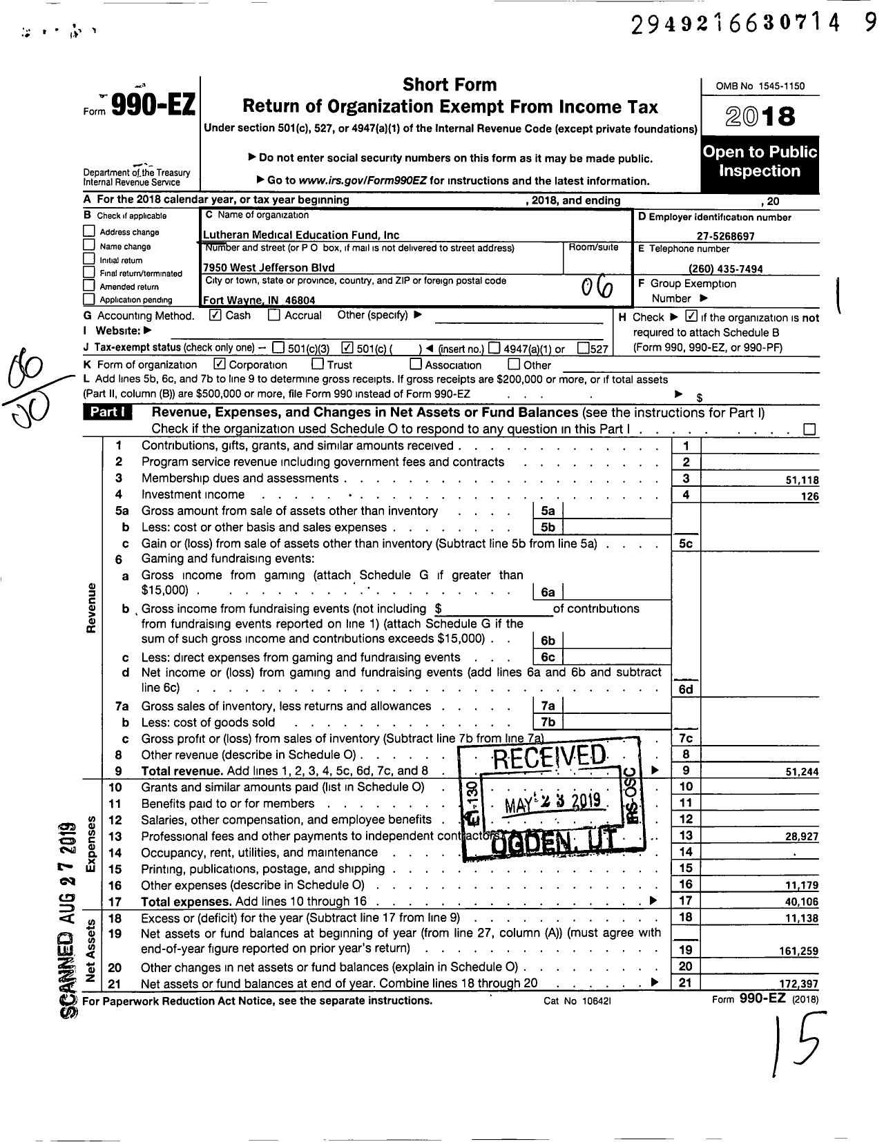 Image of first page of 2018 Form 990EO for Lutheran Medical Education Fund