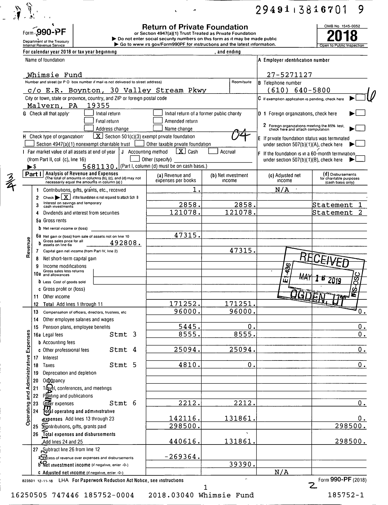 Image of first page of 2018 Form 990PF for Whimsie Fund