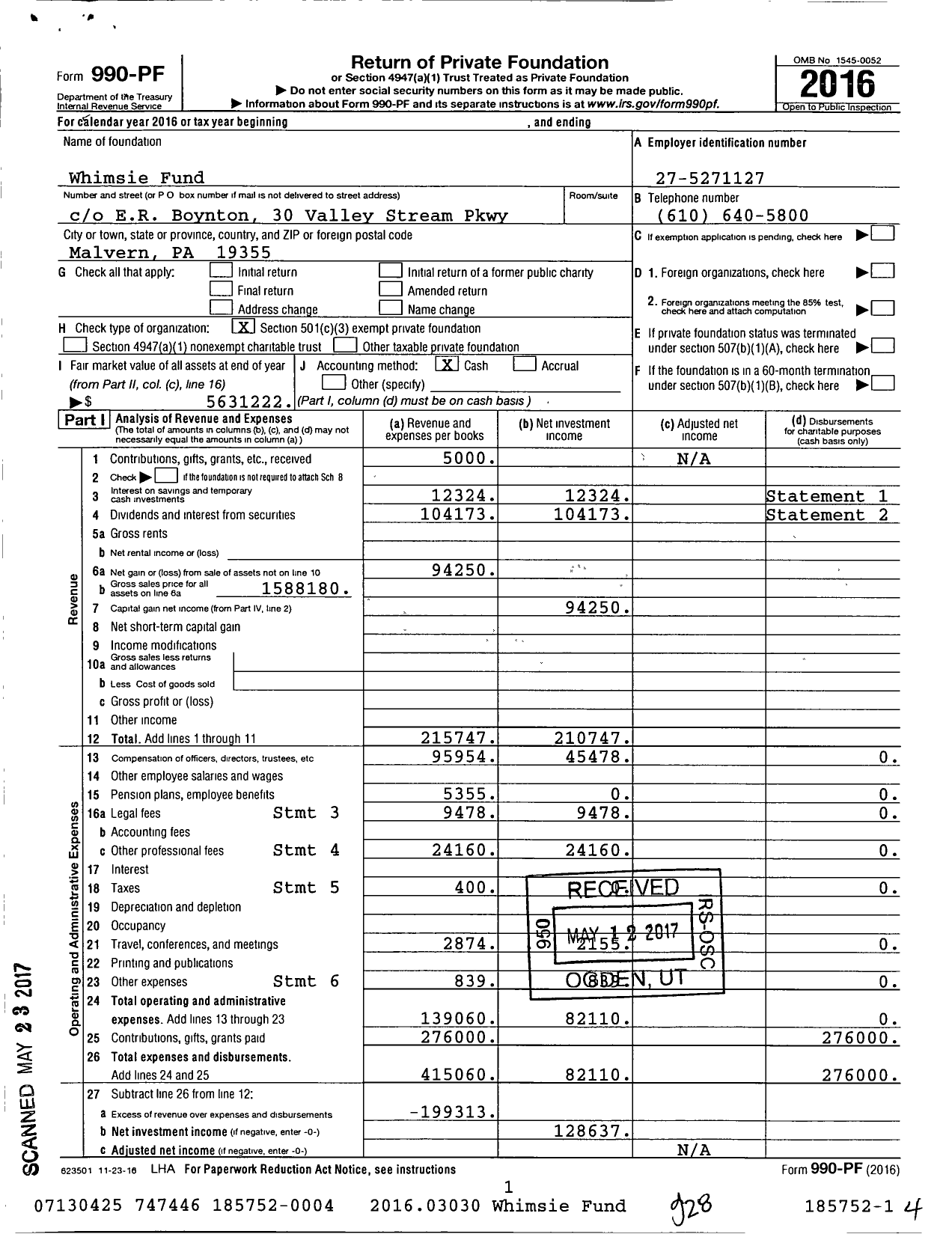 Image of first page of 2016 Form 990PF for Whimsie Fund