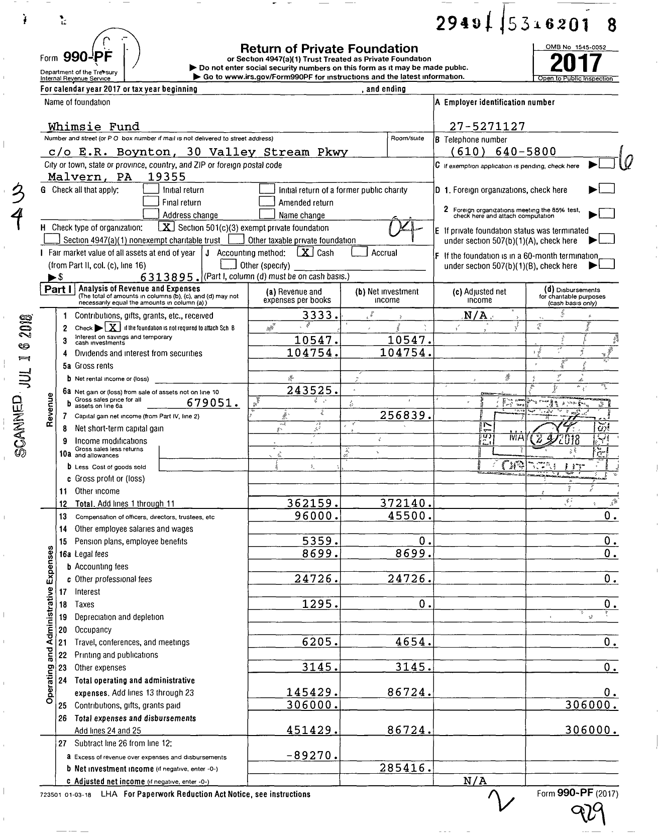 Image of first page of 2017 Form 990PF for Whimsie Fund