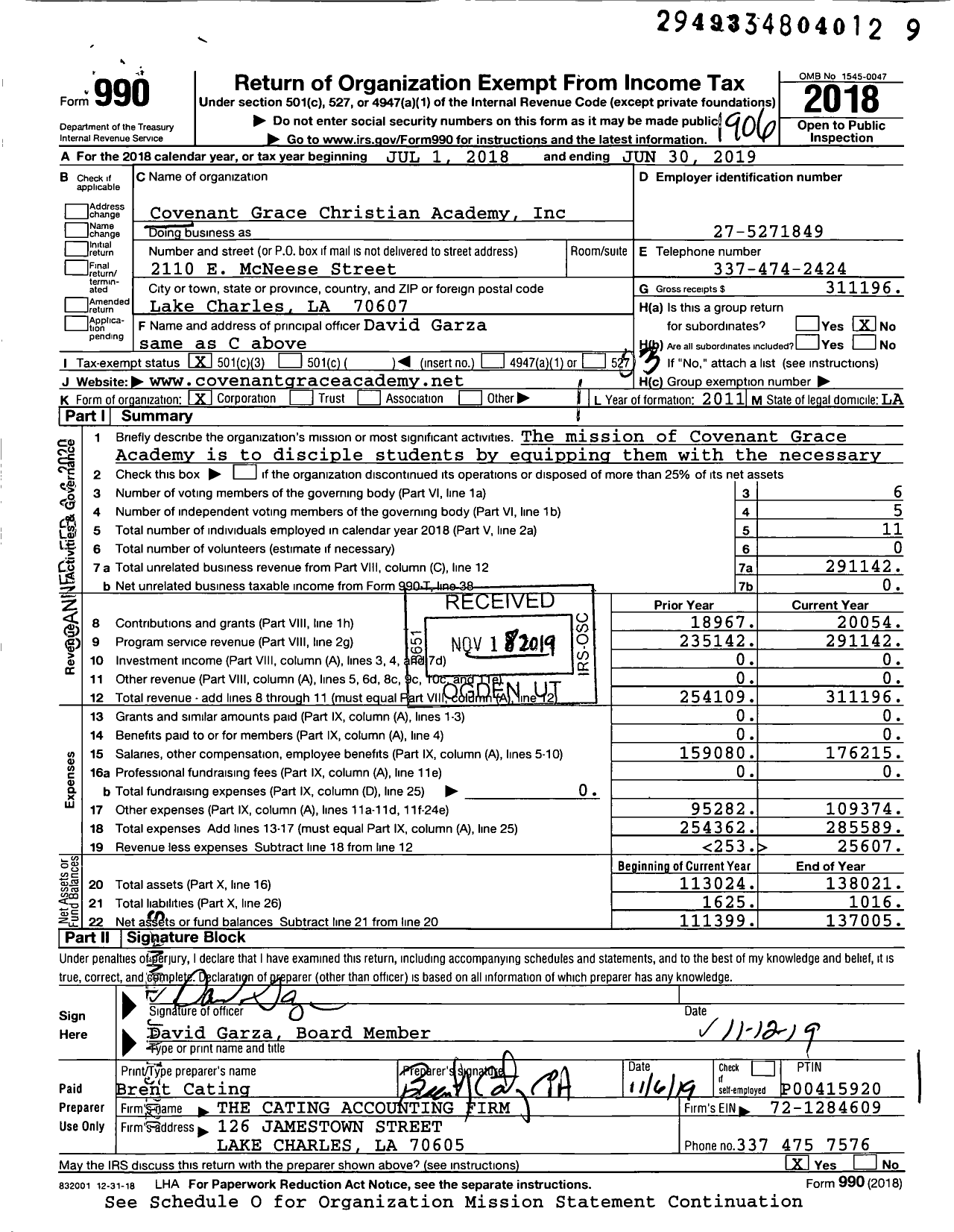 Image of first page of 2018 Form 990 for Covenant Grace Christian Academy