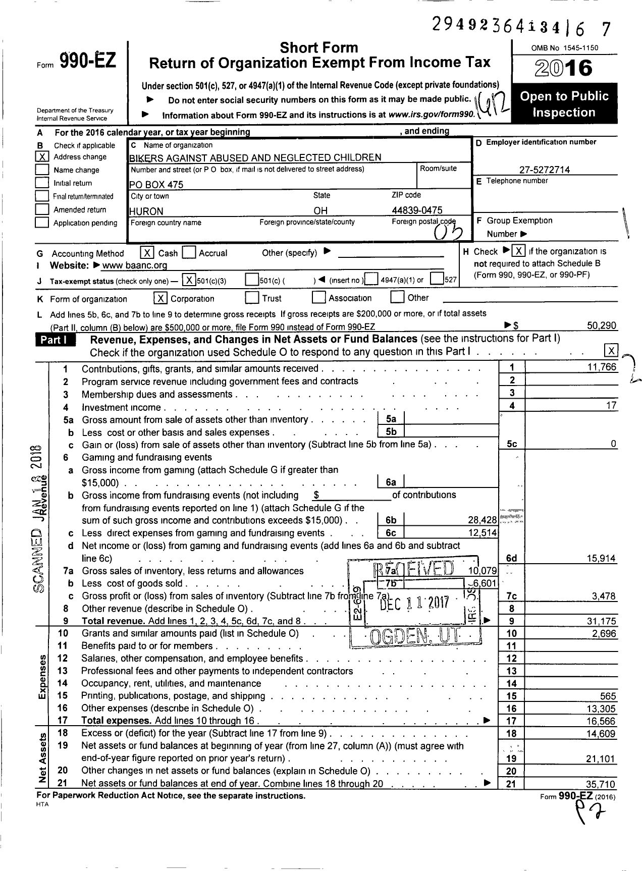 Image of first page of 2016 Form 990EZ for Bikers Against Abused and Neglected Children