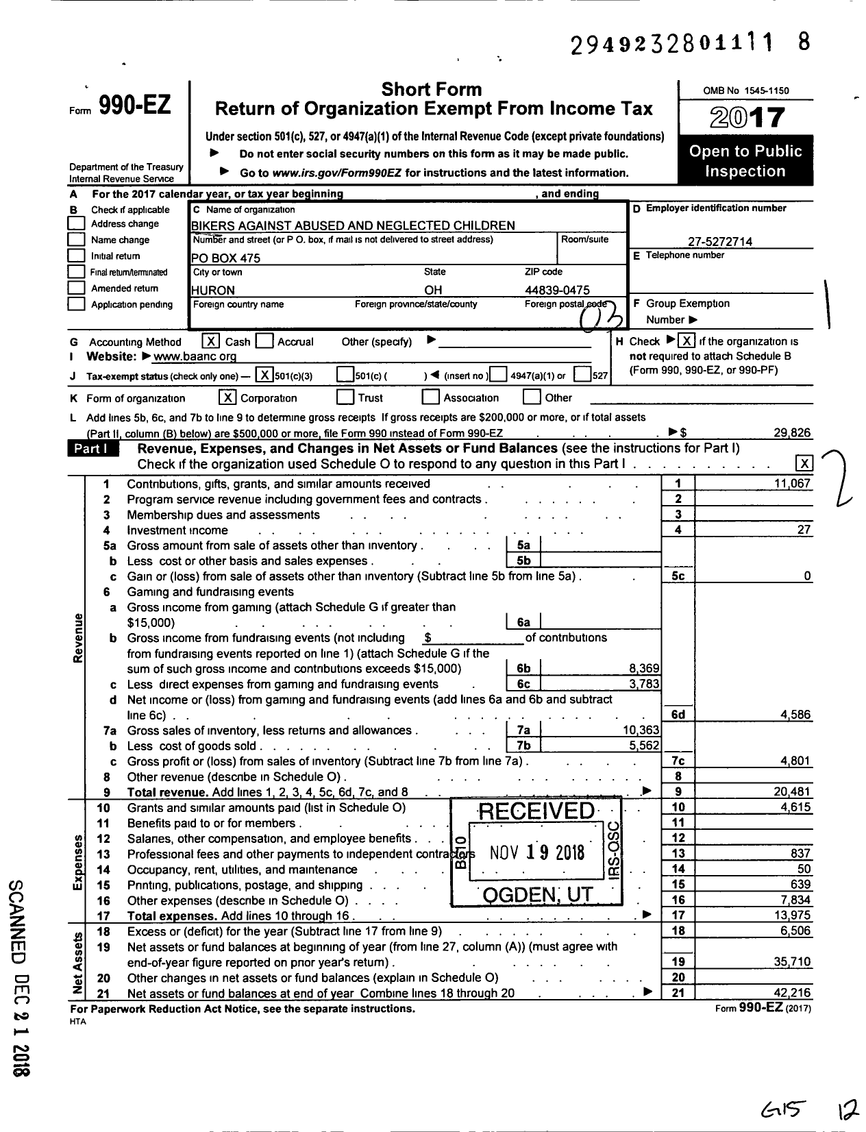 Image of first page of 2017 Form 990EZ for Bikers Against Abused and Neglected Children