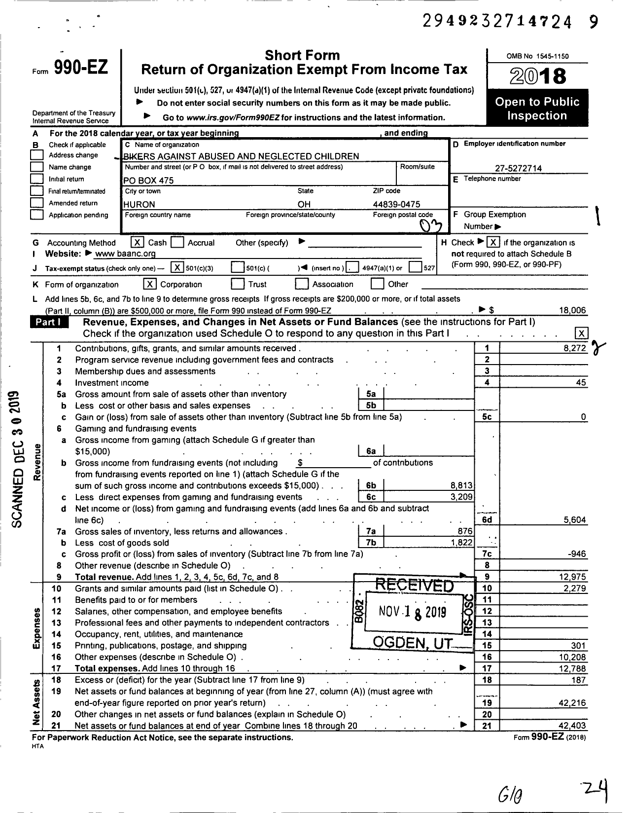 Image of first page of 2018 Form 990EZ for Bikers Against Abused and Neglected Children