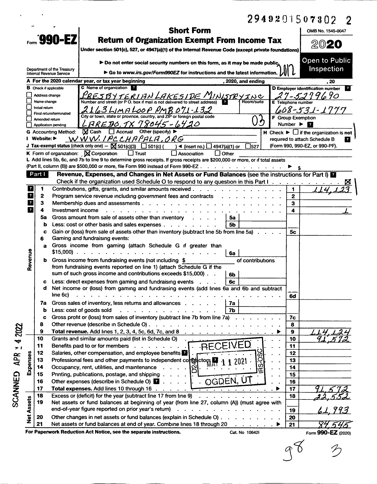 Image of first page of 2020 Form 990EZ for Presbyterian Lakeside Ministry