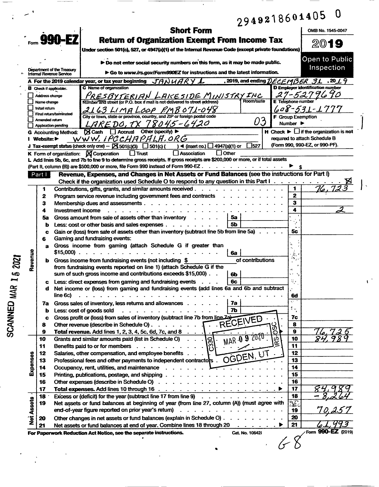 Image of first page of 2019 Form 990EZ for Presbyterian Lakeside Ministry