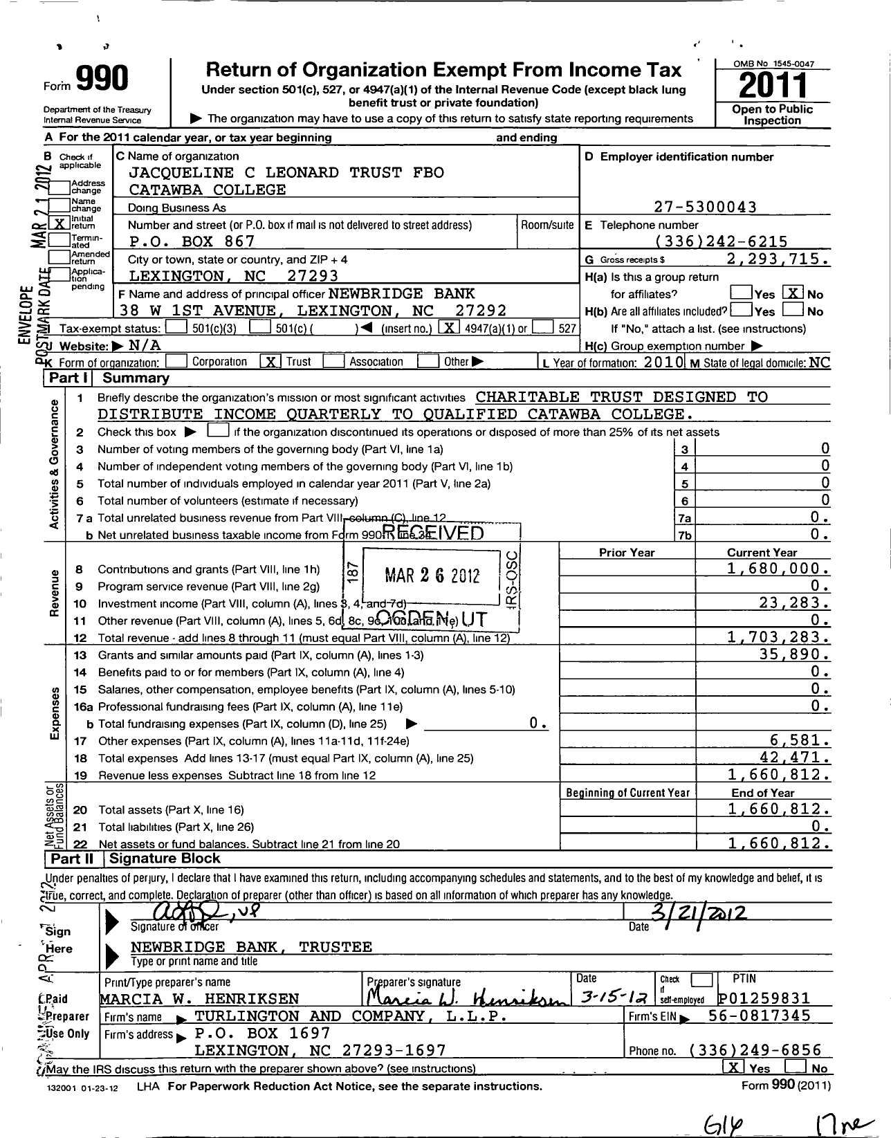 Image of first page of 2011 Form 990O for Jacqueline Leonard Trust Fbo Catawba College