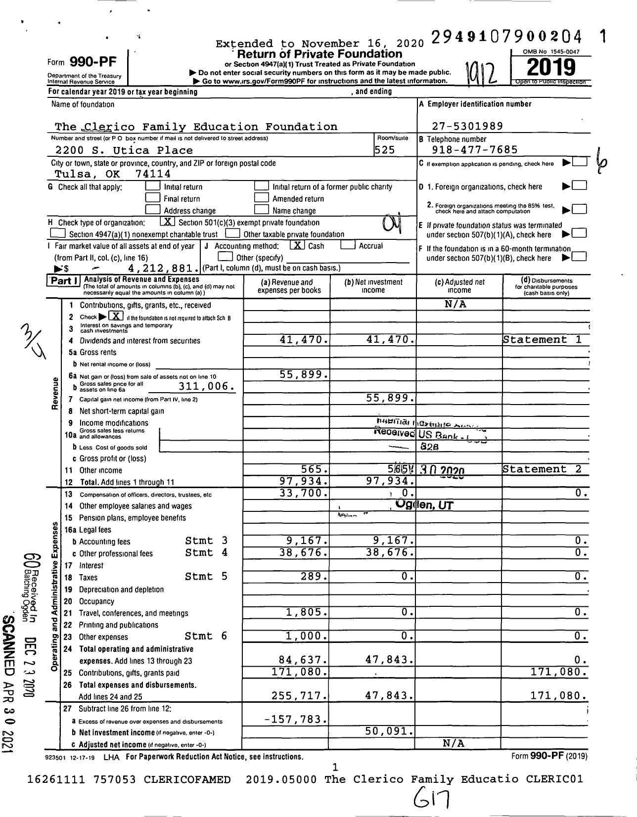 Image of first page of 2019 Form 990PF for The Clerico Family Education Foundation