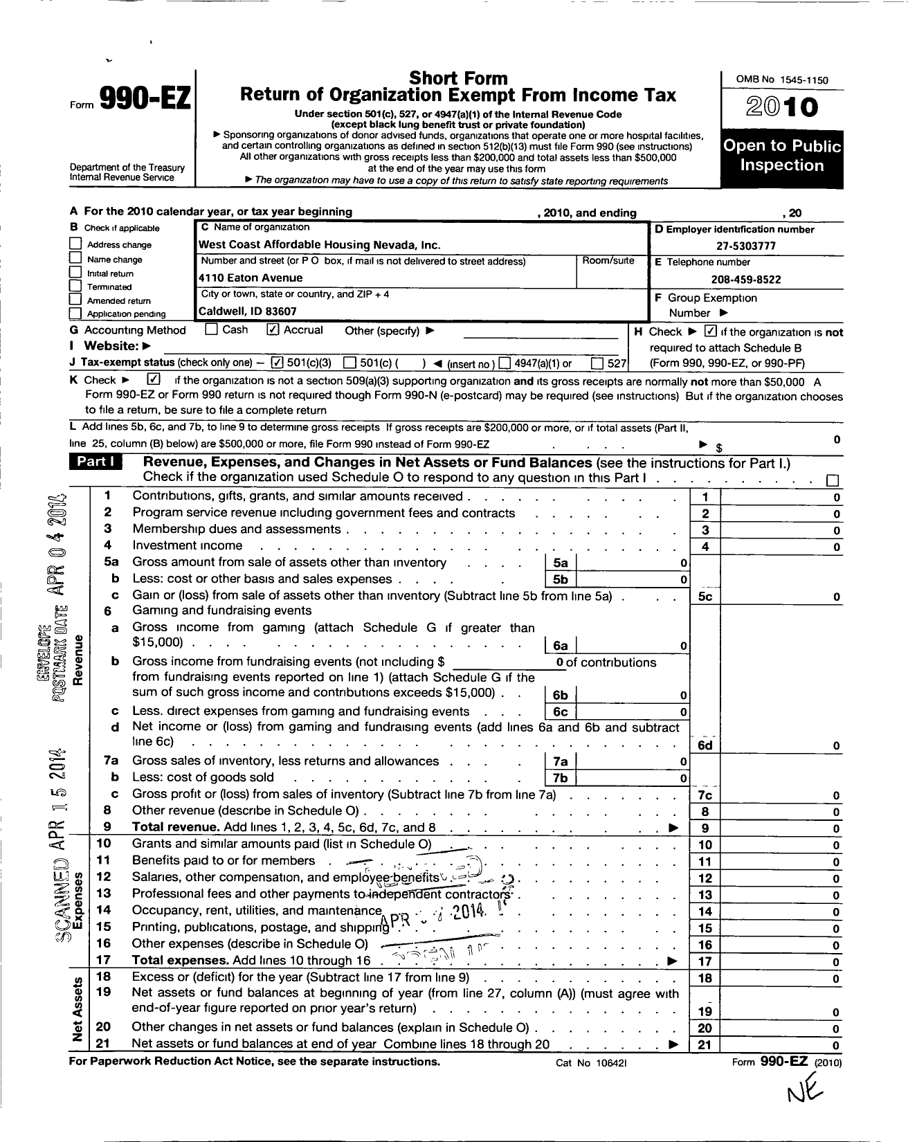 Image of first page of 2010 Form 990EZ for West Coast Affordable Housing Nevada