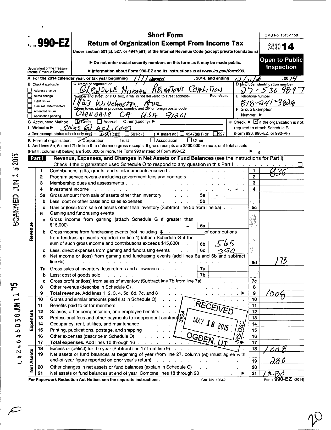 Image of first page of 2014 Form 990EZ for Glendale Human Relations Coalition