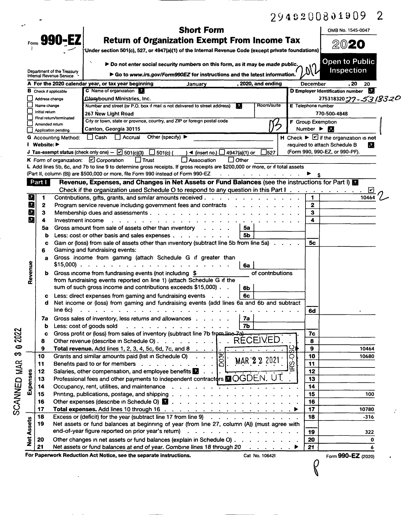 Image of first page of 2020 Form 990EZ for Glorybound Ministries