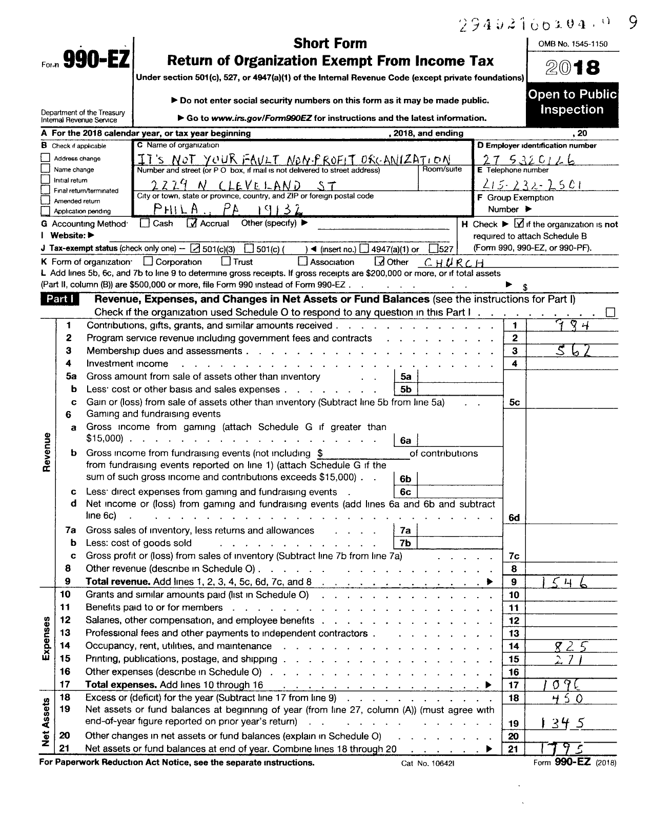 Image of first page of 2018 Form 990EZ for Its Not Your Fault Non Profit Organization