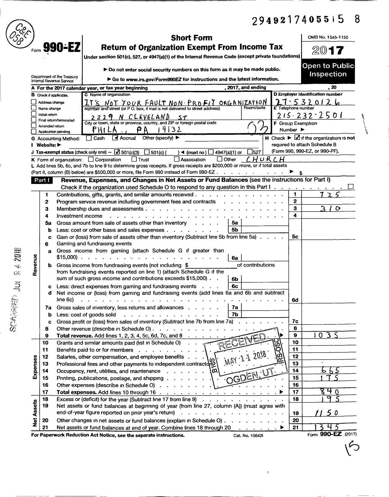 Image of first page of 2017 Form 990EZ for Its Not Your Fault Non Profit Organization