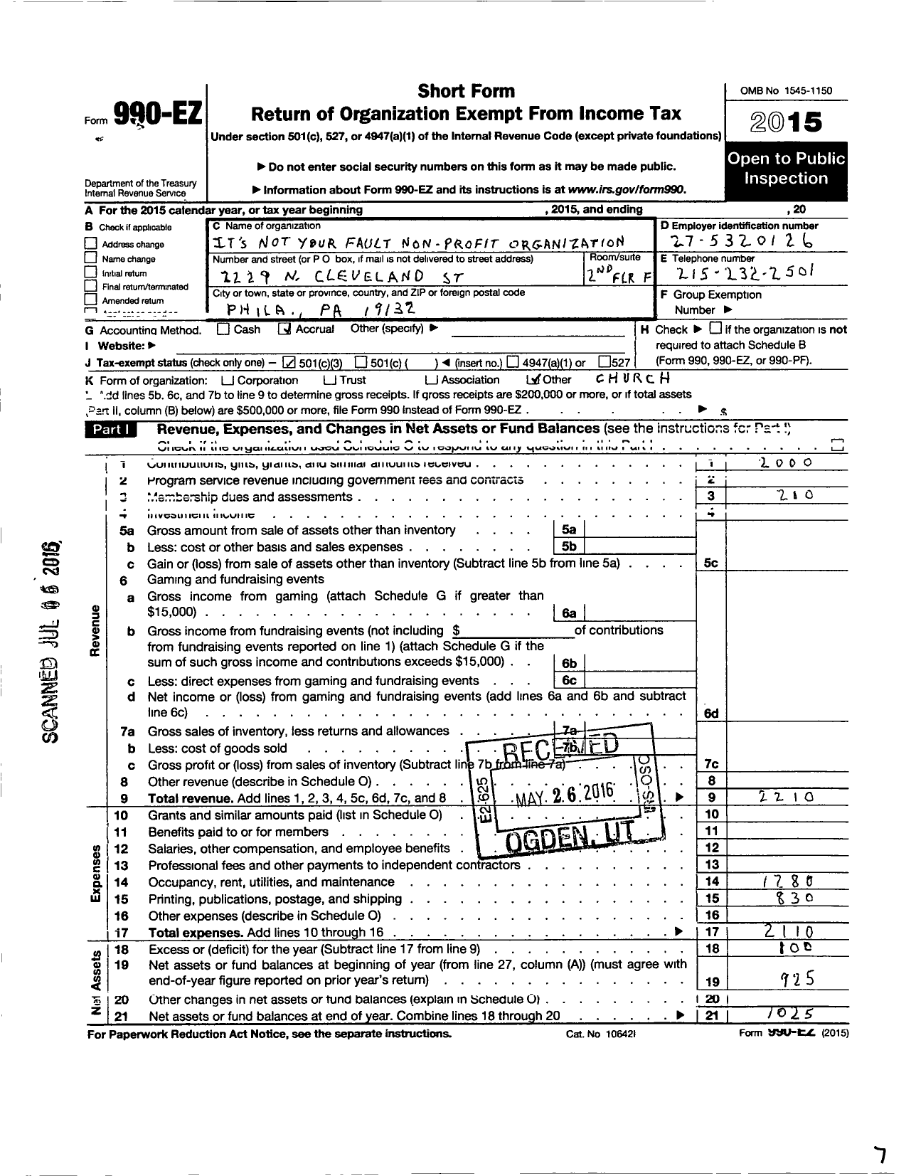 Image of first page of 2015 Form 990EZ for Its Not Your Fault Non Profit Organization