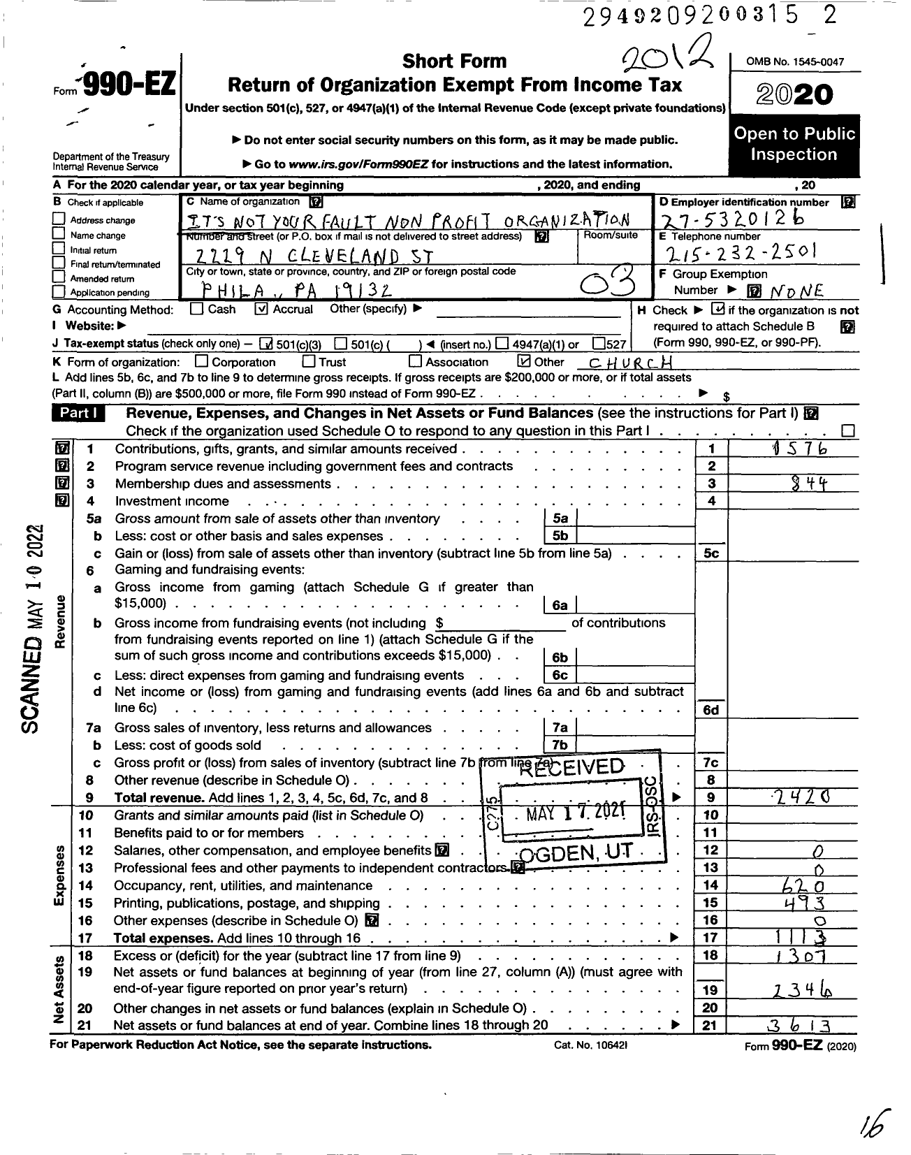 Image of first page of 2020 Form 990EZ for Its Not Your Fault Non Profit Organization