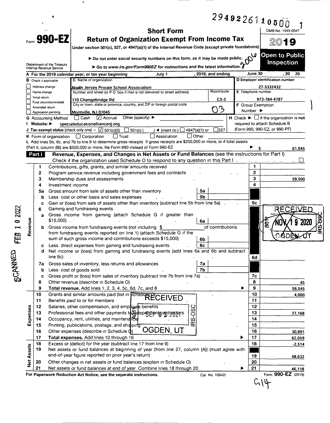 Image of first page of 2019 Form 990EZ for North Jersey Private Schools Association