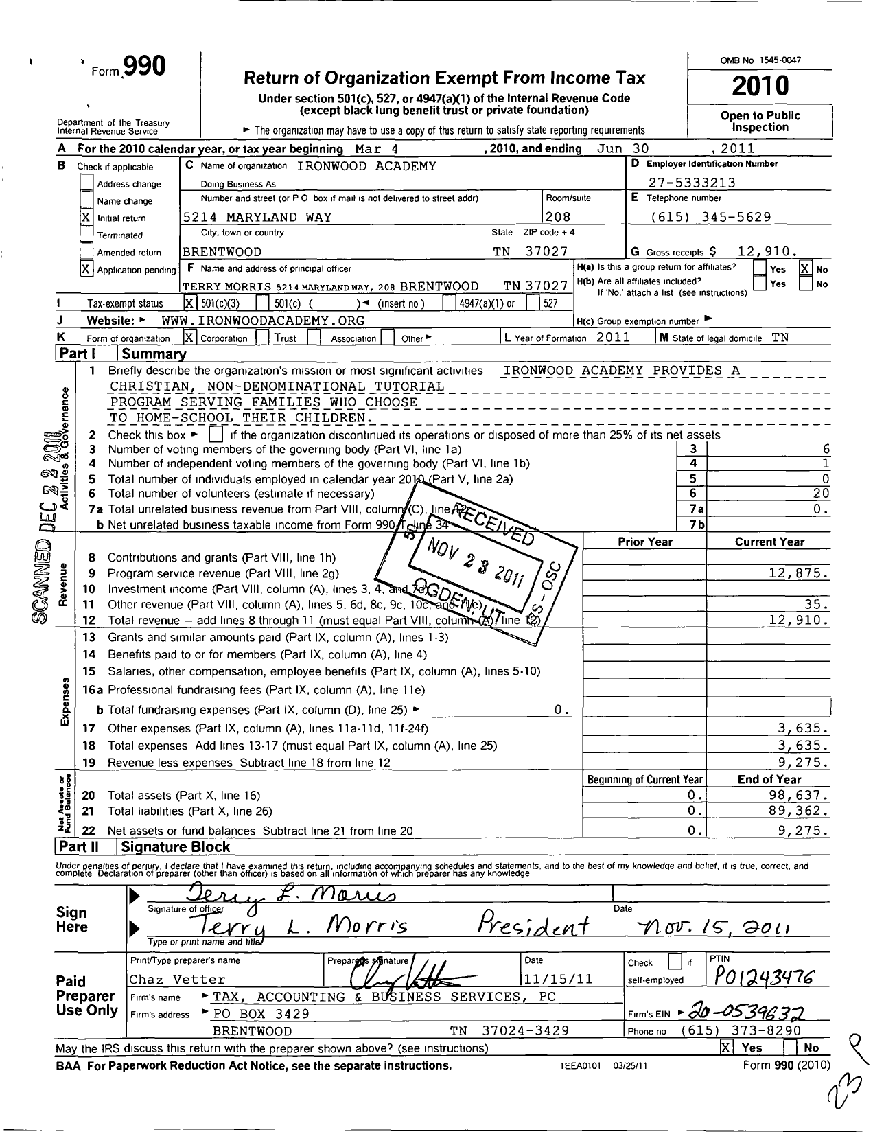 Image of first page of 2010 Form 990 for Ironwood Academy