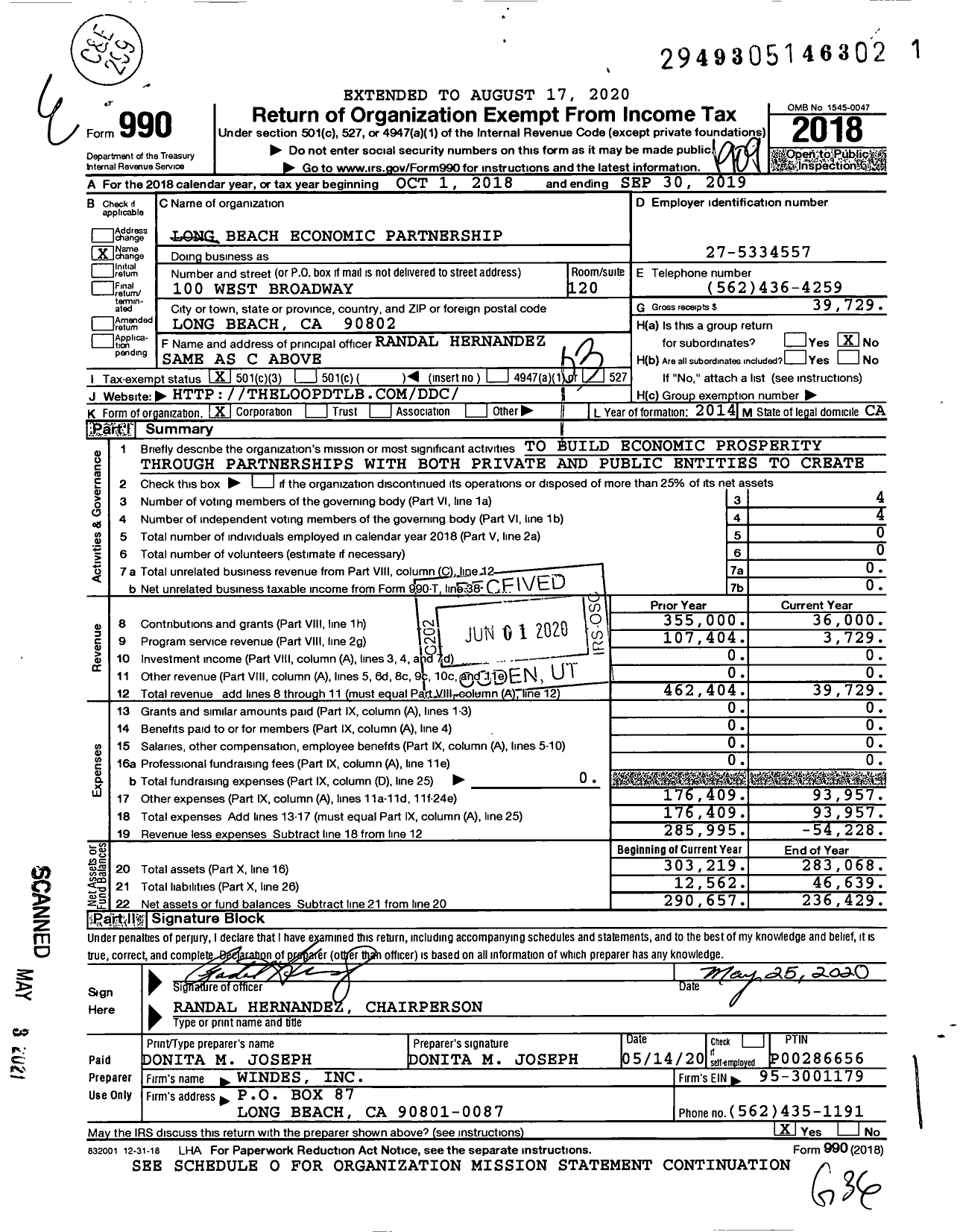 Image of first page of 2018 Form 990 for Long Beach Economic Partnership