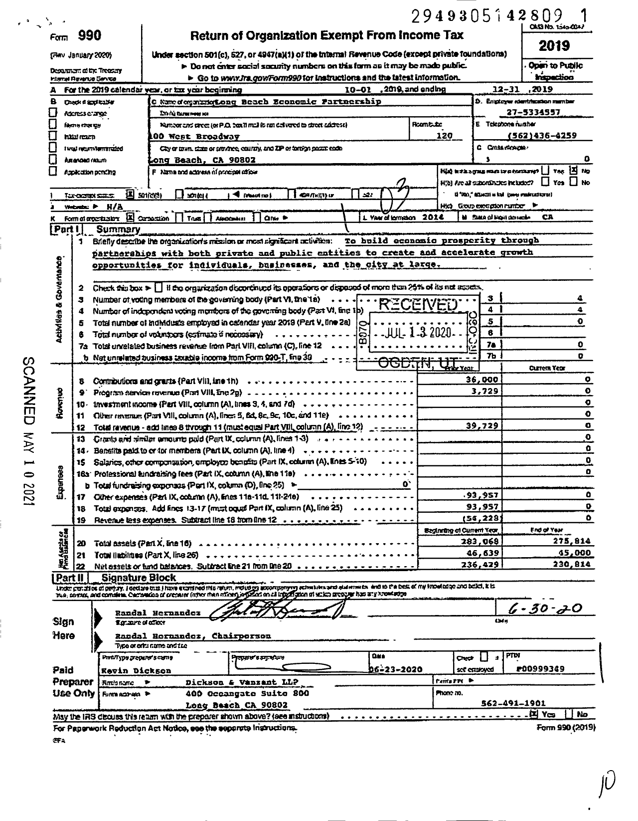 Image of first page of 2019 Form 990 for Long Beach Economic Partnership