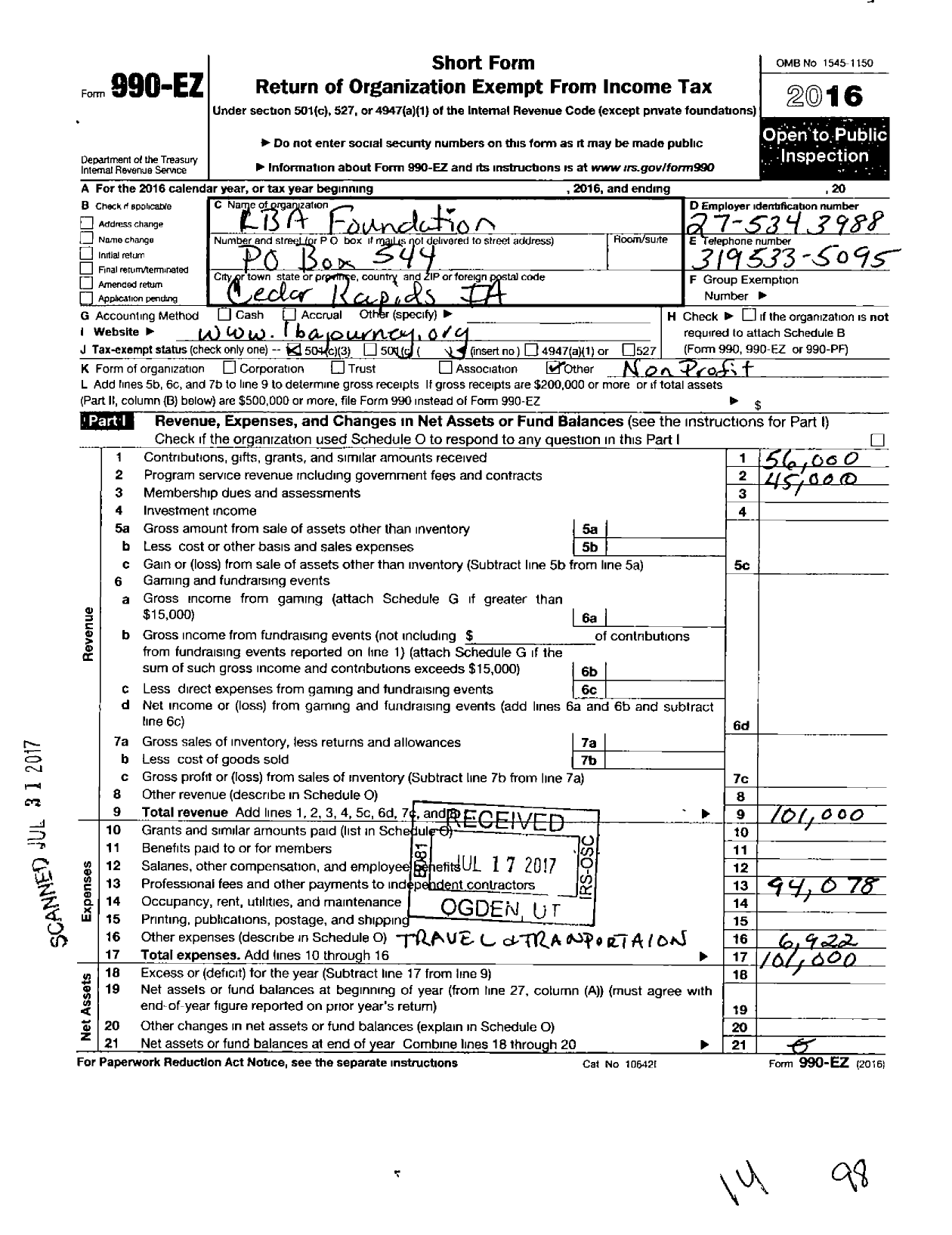 Image of first page of 2016 Form 990EZ for Lba Foundation