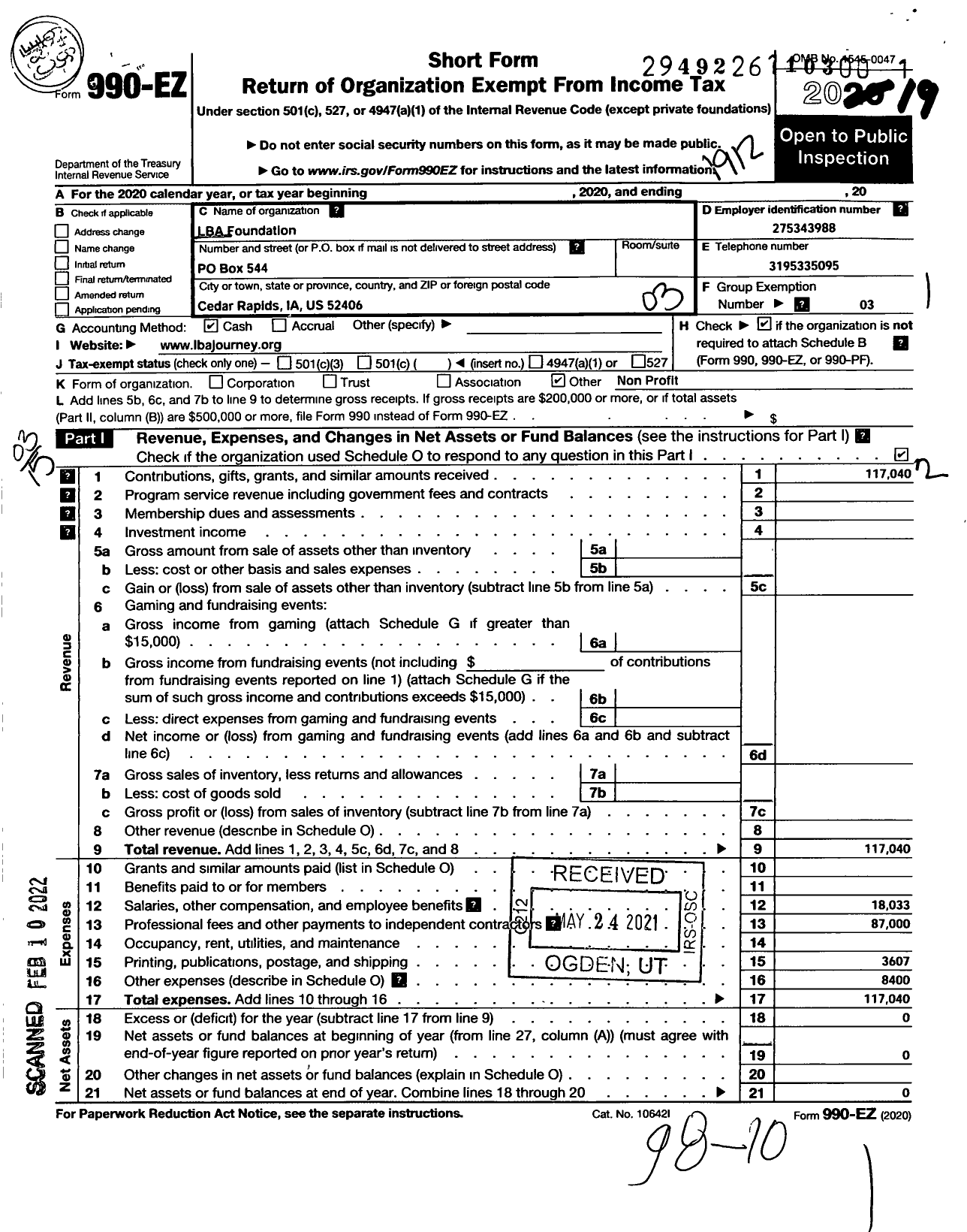 Image of first page of 2019 Form 990EZ for Lba Foundation