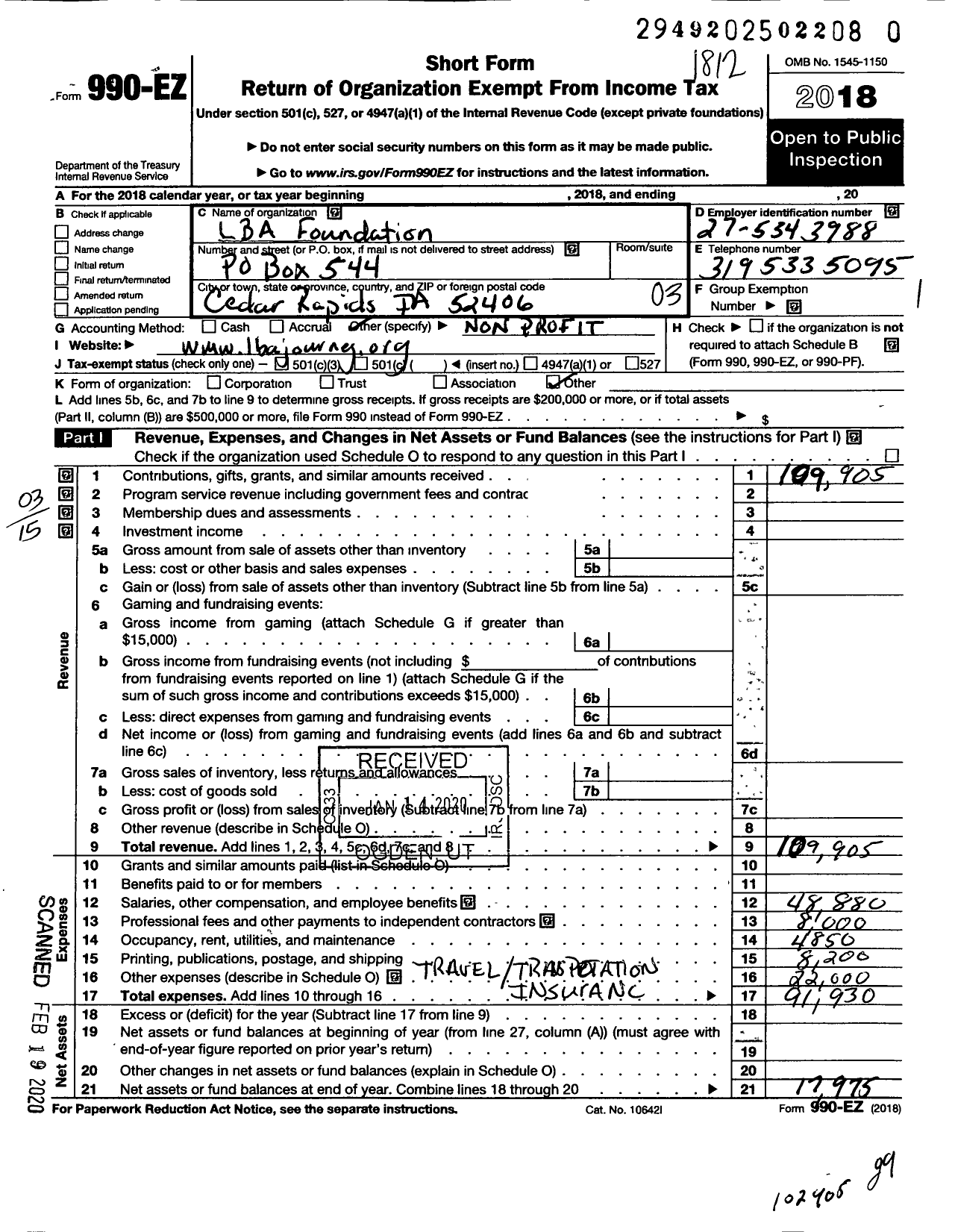 Image of first page of 2018 Form 990EZ for Lba Foundation