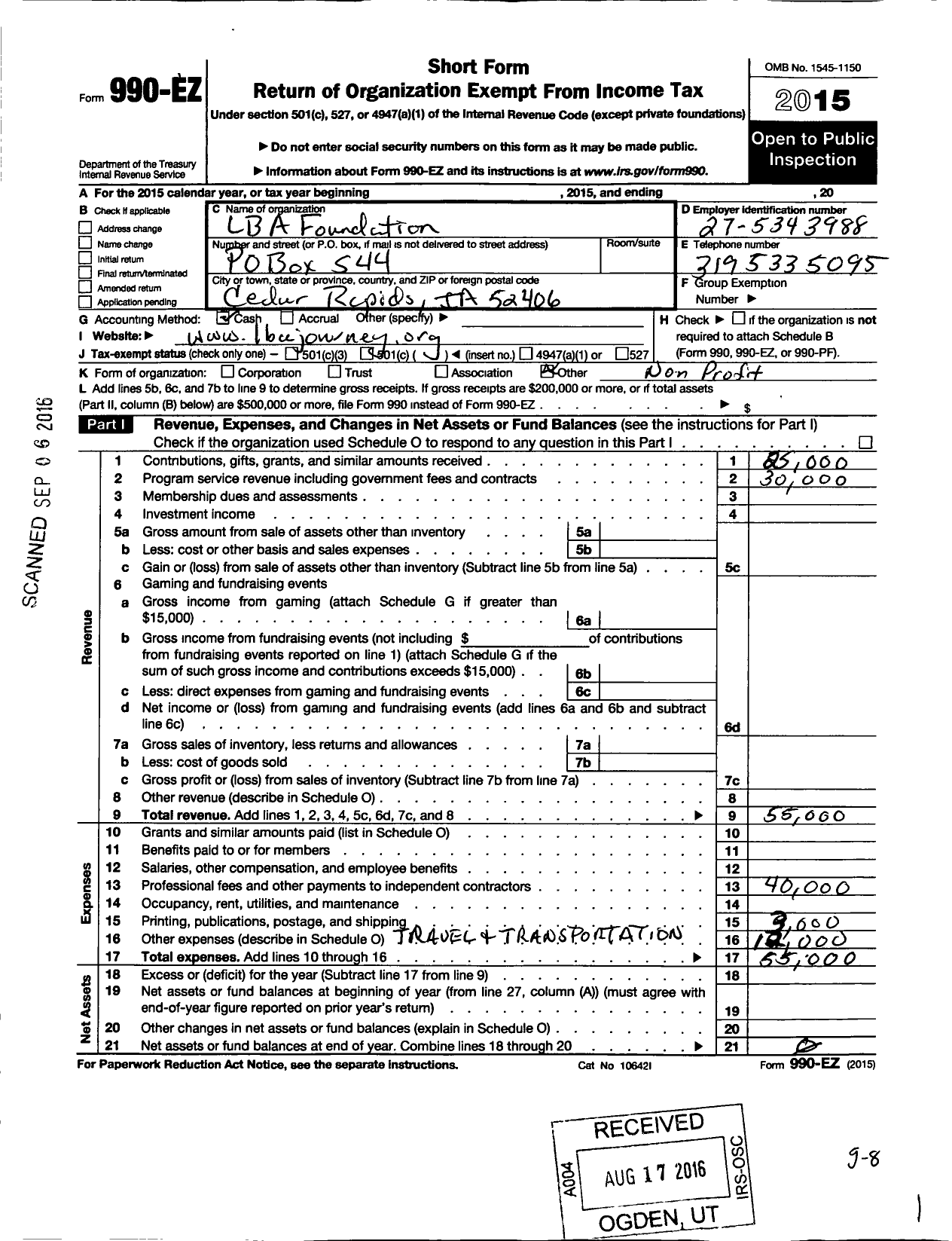 Image of first page of 2015 Form 990EO for Lba Foundation