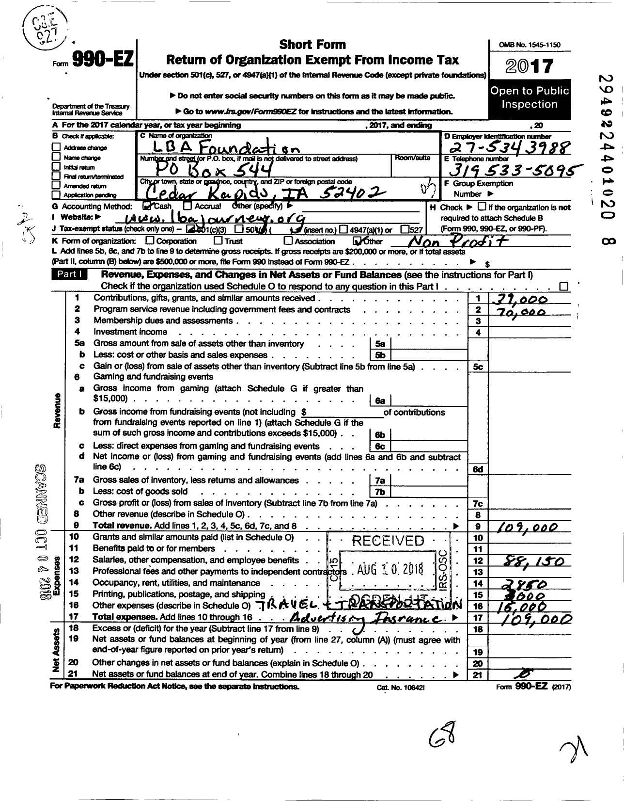 Image of first page of 2017 Form 990EZ for Lba Foundation