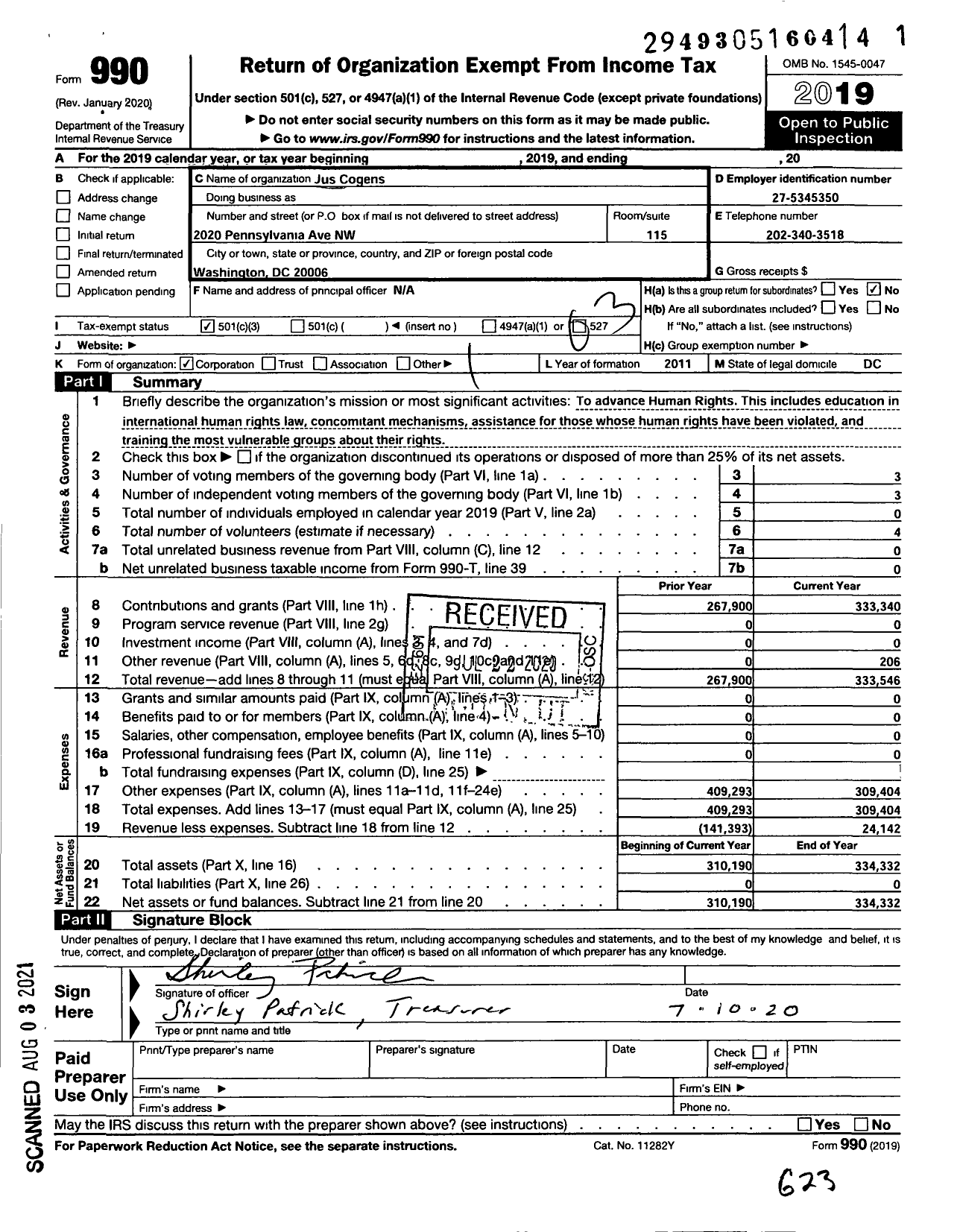 Image of first page of 2019 Form 990 for Jus Cogens