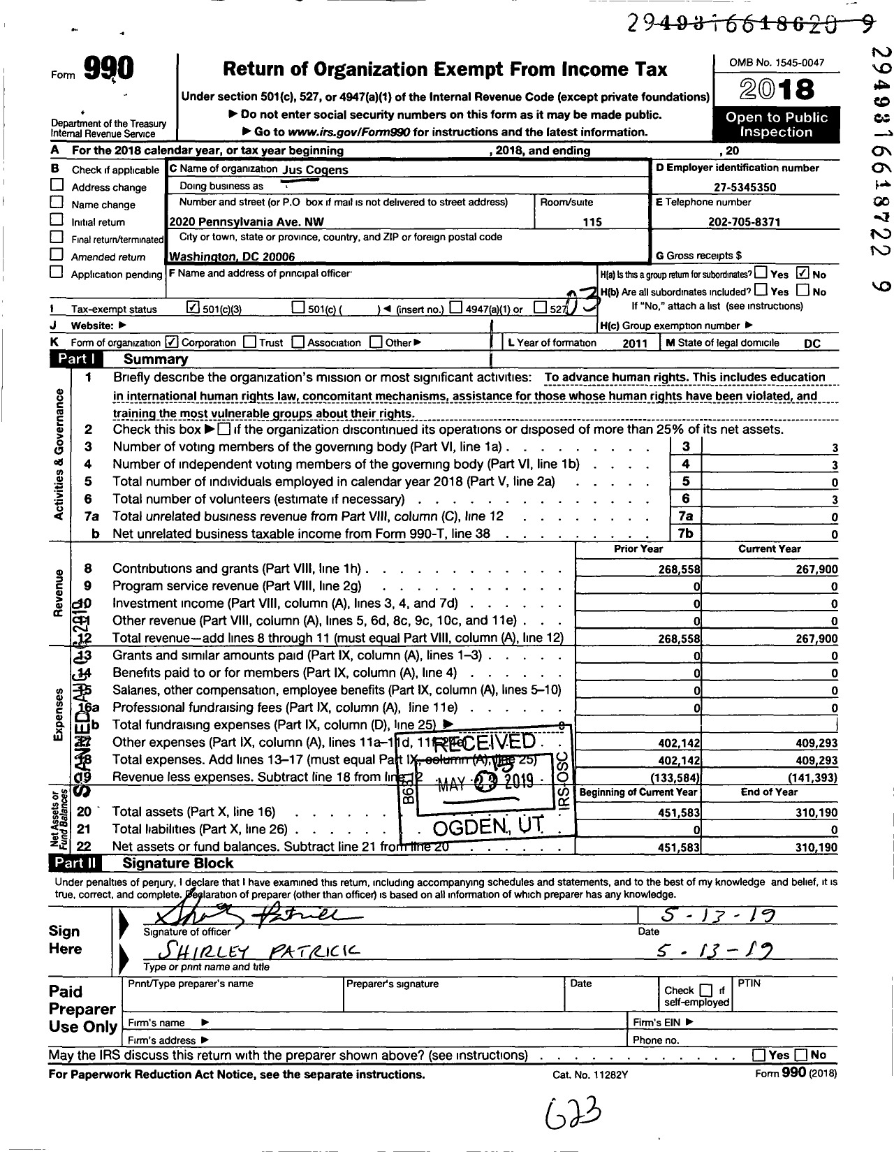 Image of first page of 2018 Form 990 for Jus Cogens