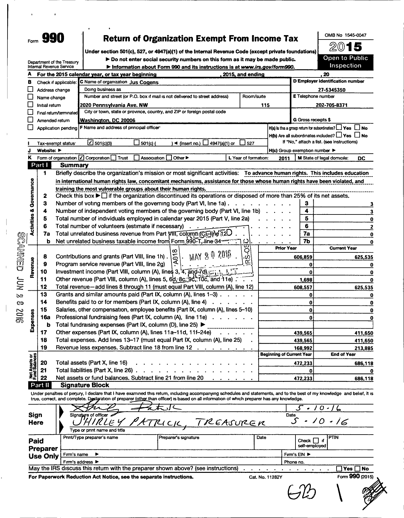 Image of first page of 2015 Form 990 for Jus Cogens