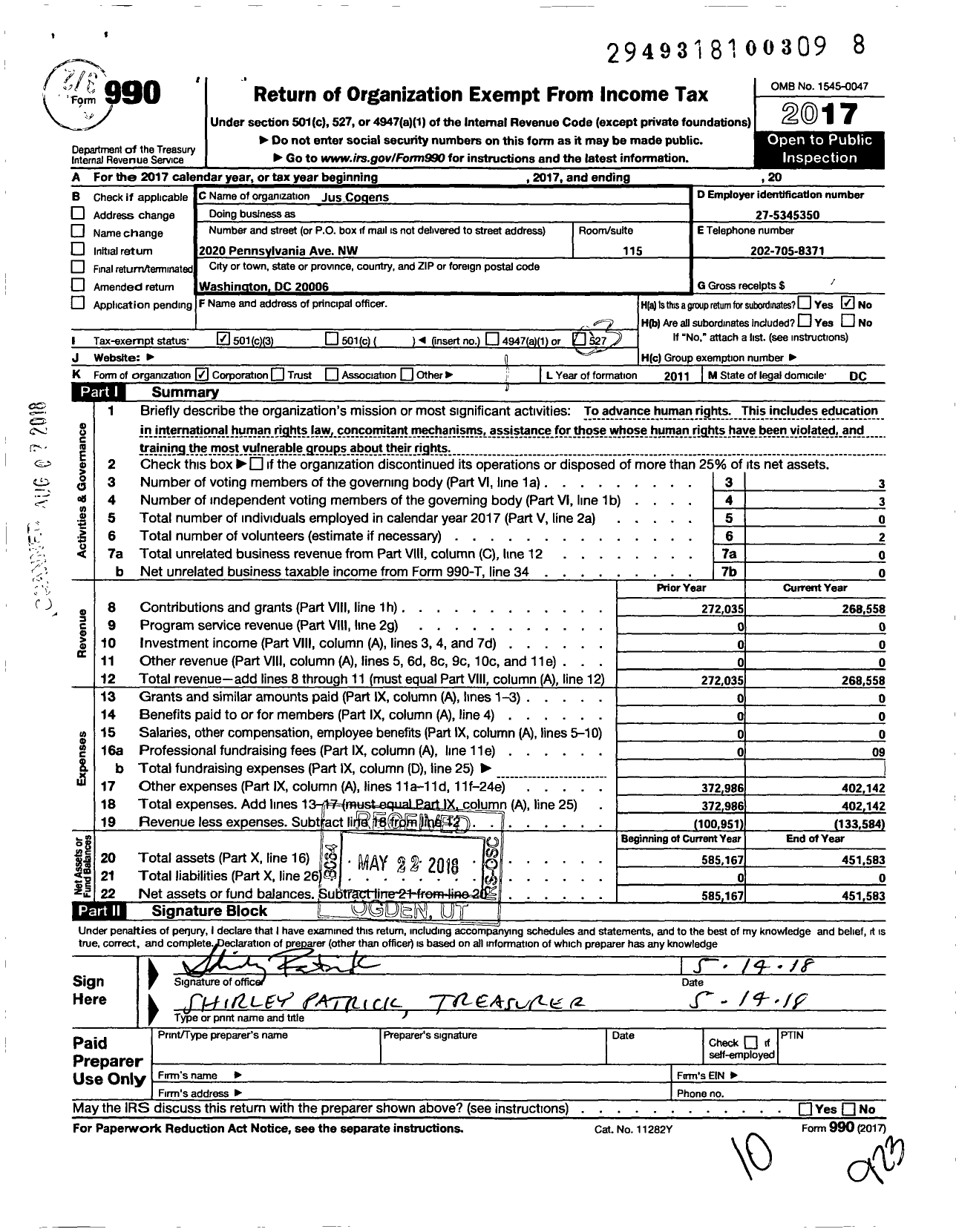 Image of first page of 2017 Form 990 for Jus Cogens