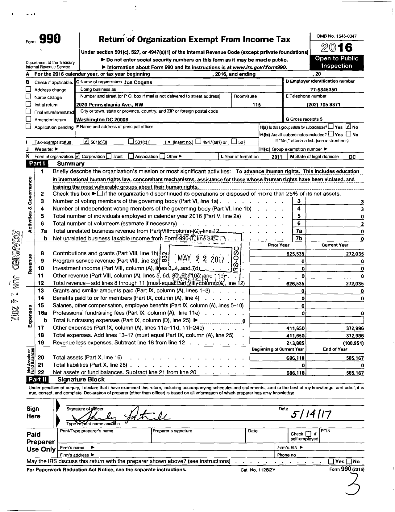 Image of first page of 2016 Form 990 for Jus Cogens