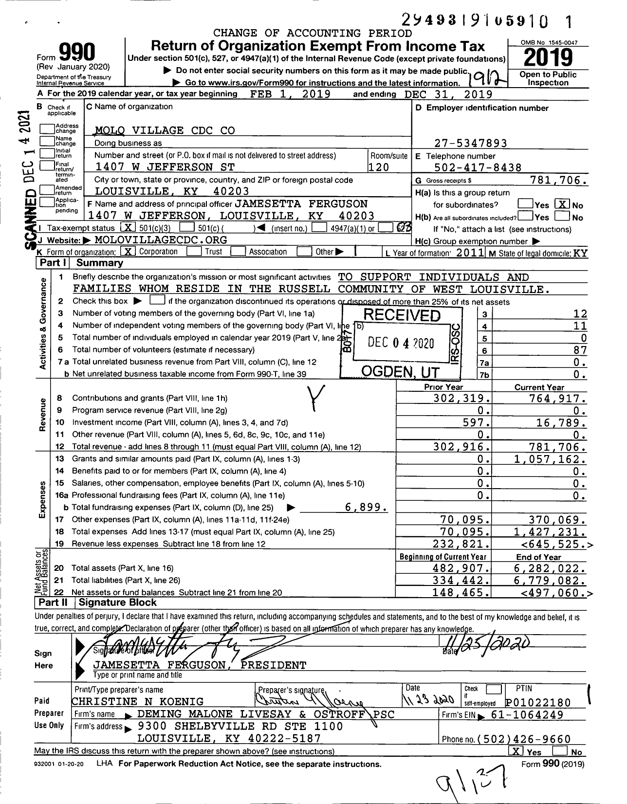 Image of first page of 2019 Form 990 for Molo Village CDC