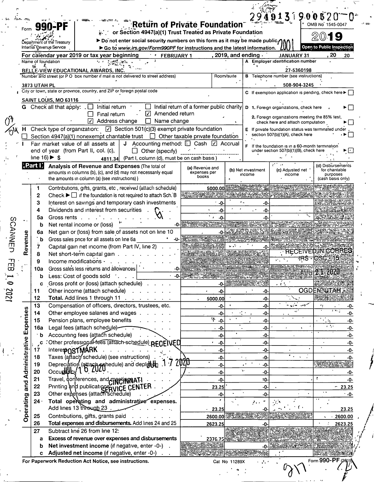 Image of first page of 2019 Form 990PF for Belle View Educational Awards