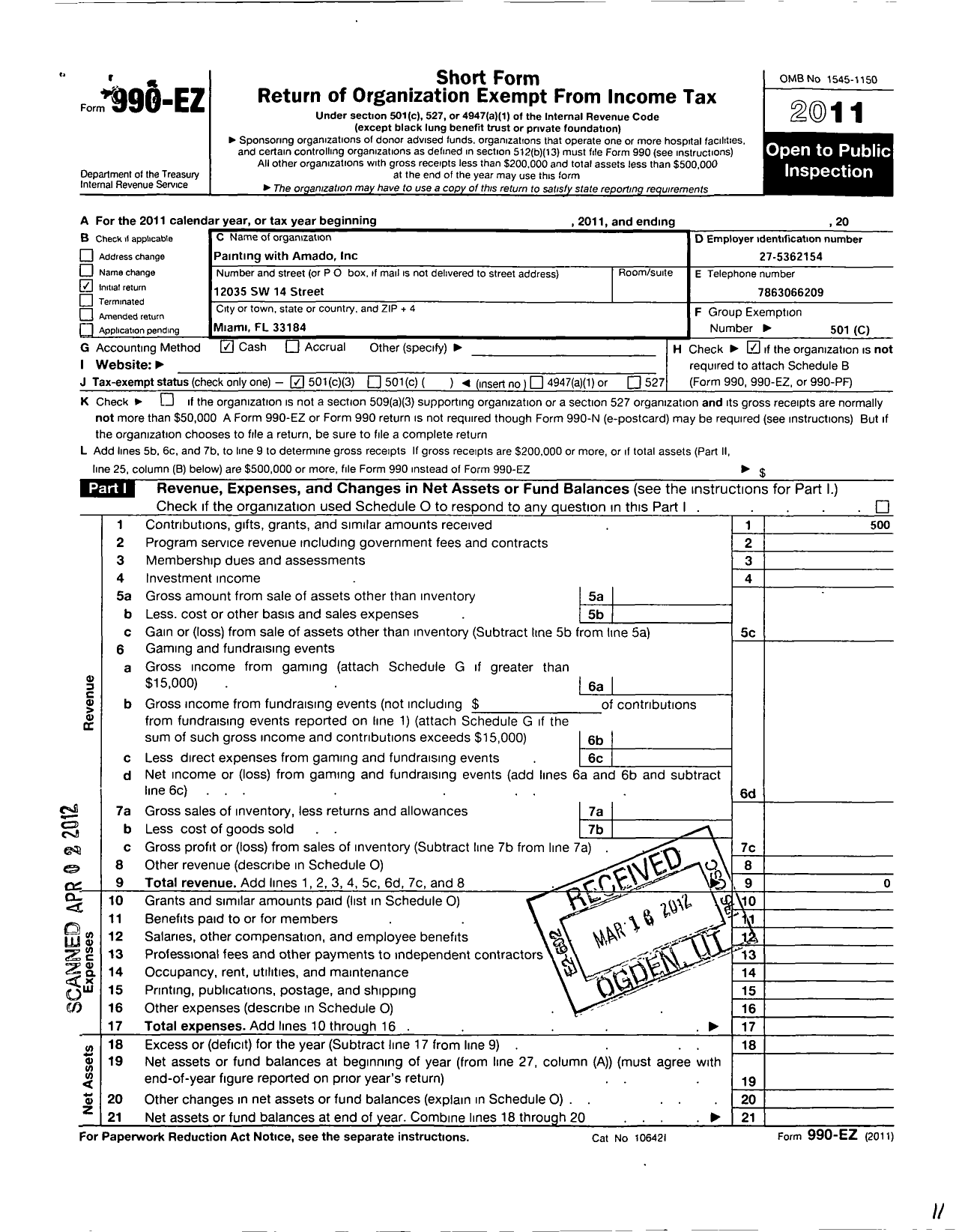 Image of first page of 2011 Form 990EZ for Painting with Amado