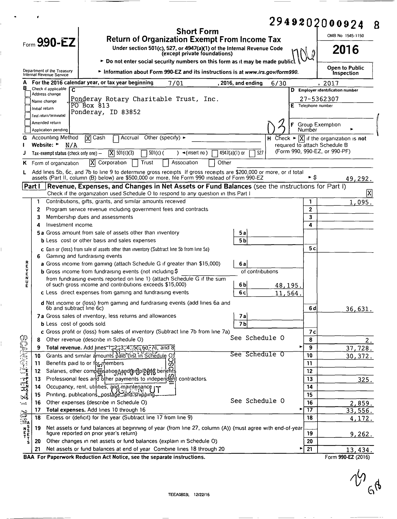 Image of first page of 2016 Form 990EZ for Ponderay Rotary Charitable Trust