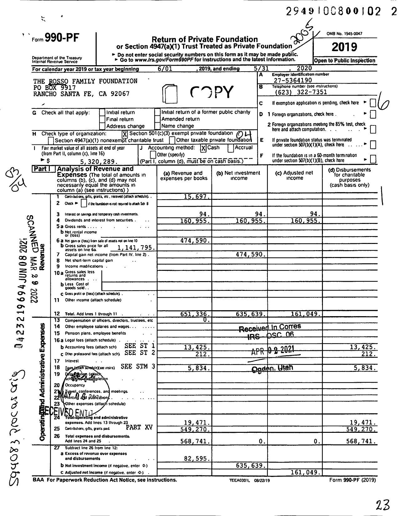 Image of first page of 2019 Form 990PF for Rosso Family Foundation