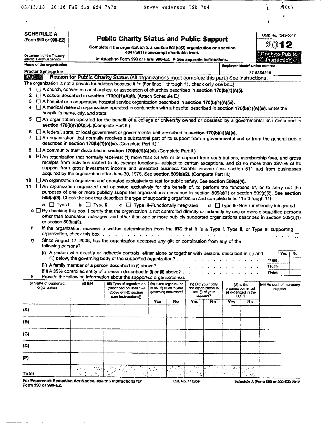 Image of first page of 2012 Form 990ER for Proctor Synergy