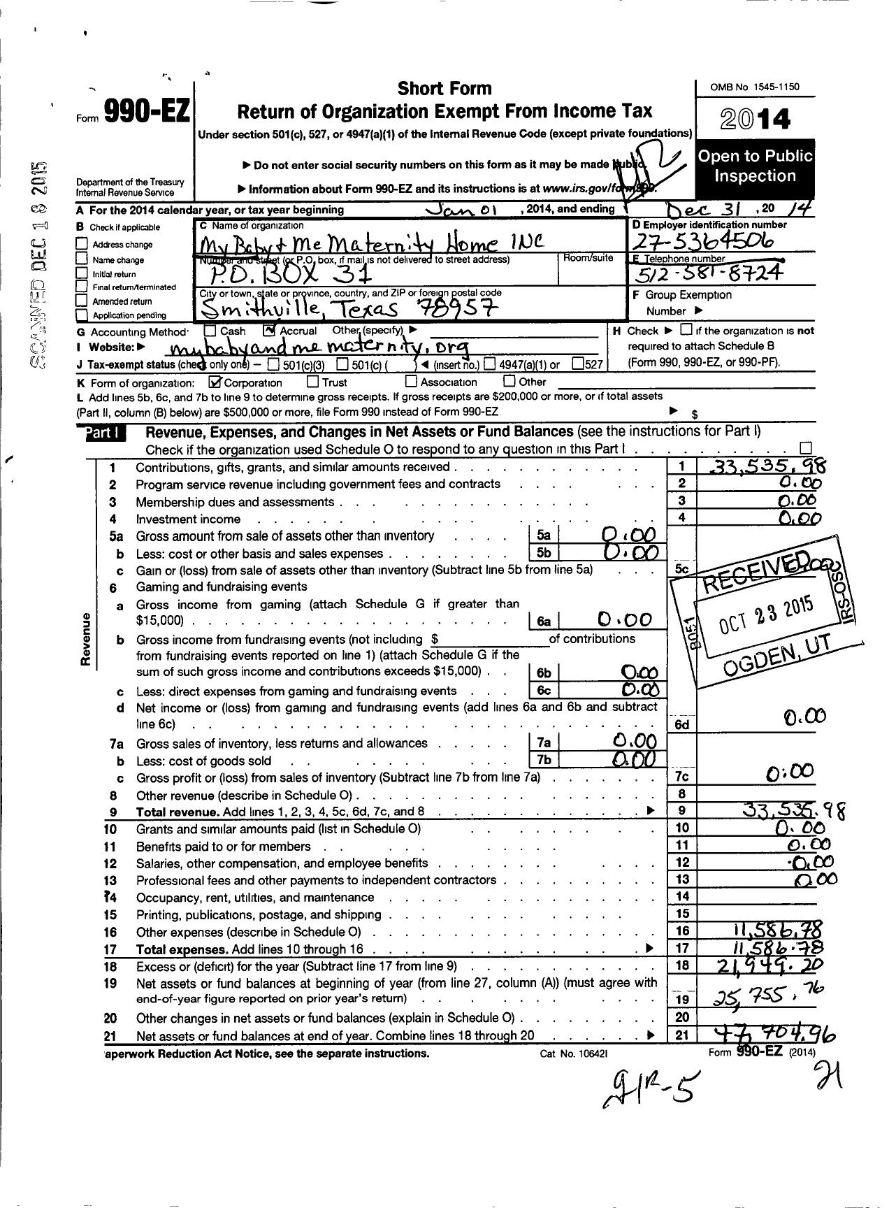 Image of first page of 2014 Form 990EO for My Baby and Me Maternity Home