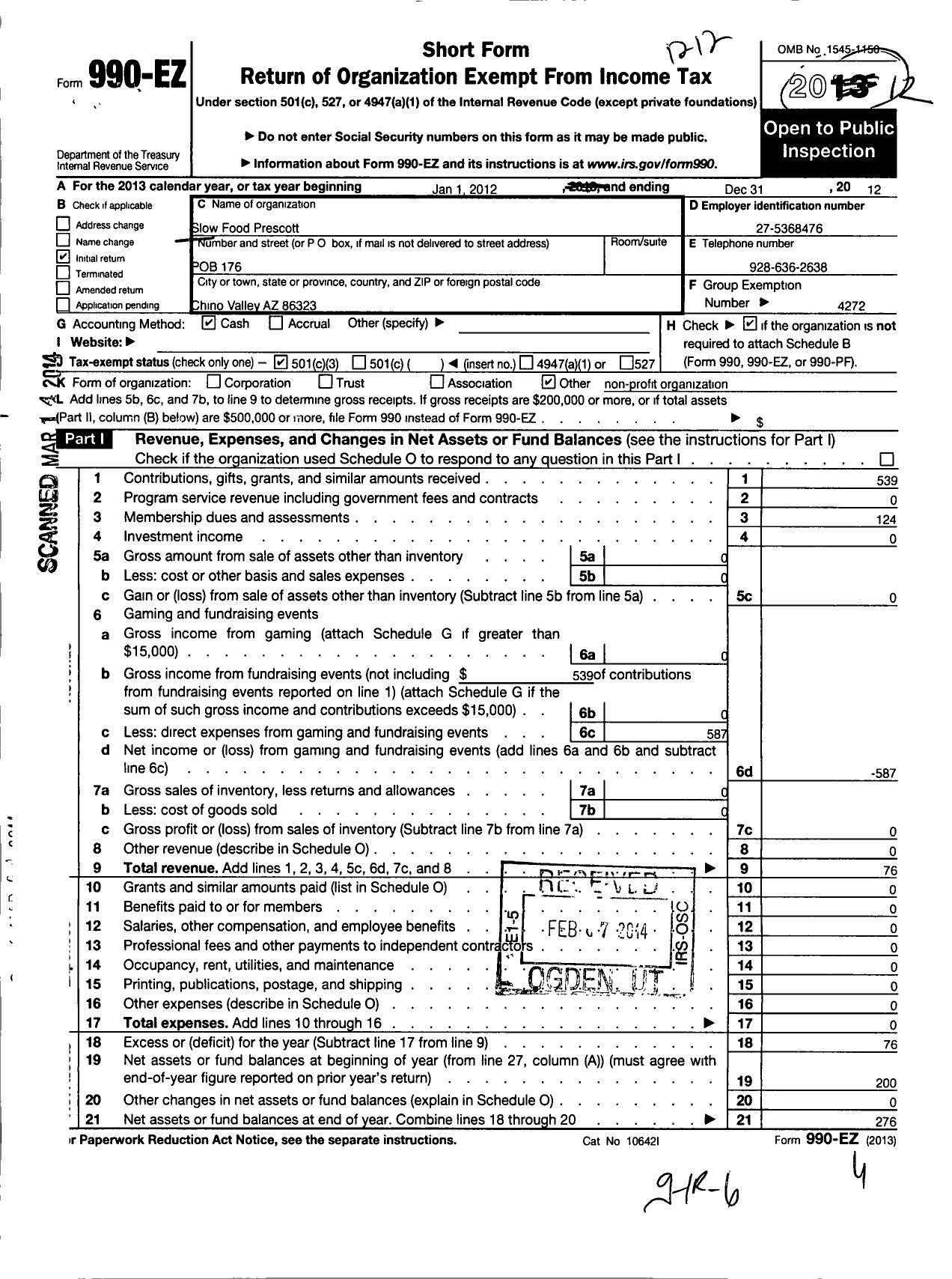 Image of first page of 2012 Form 990EZ for Slow Food U S A / Slow Food Prescott