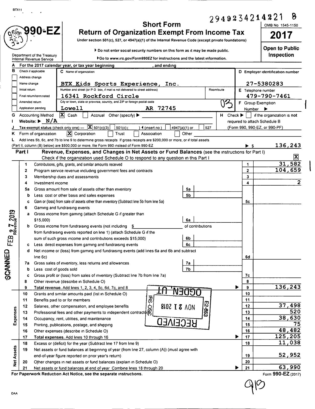 Image of first page of 2017 Form 990EZ for BTX Kids Sports Experience