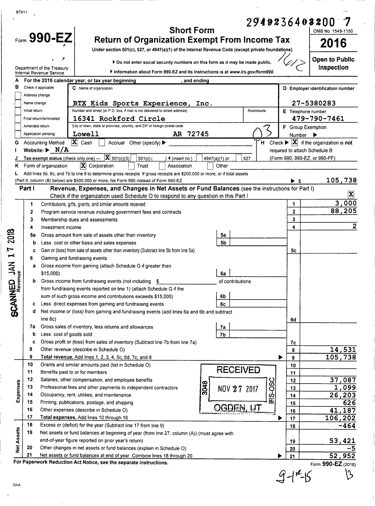 Image of first page of 2016 Form 990EZ for BTX Kids Sports Experience