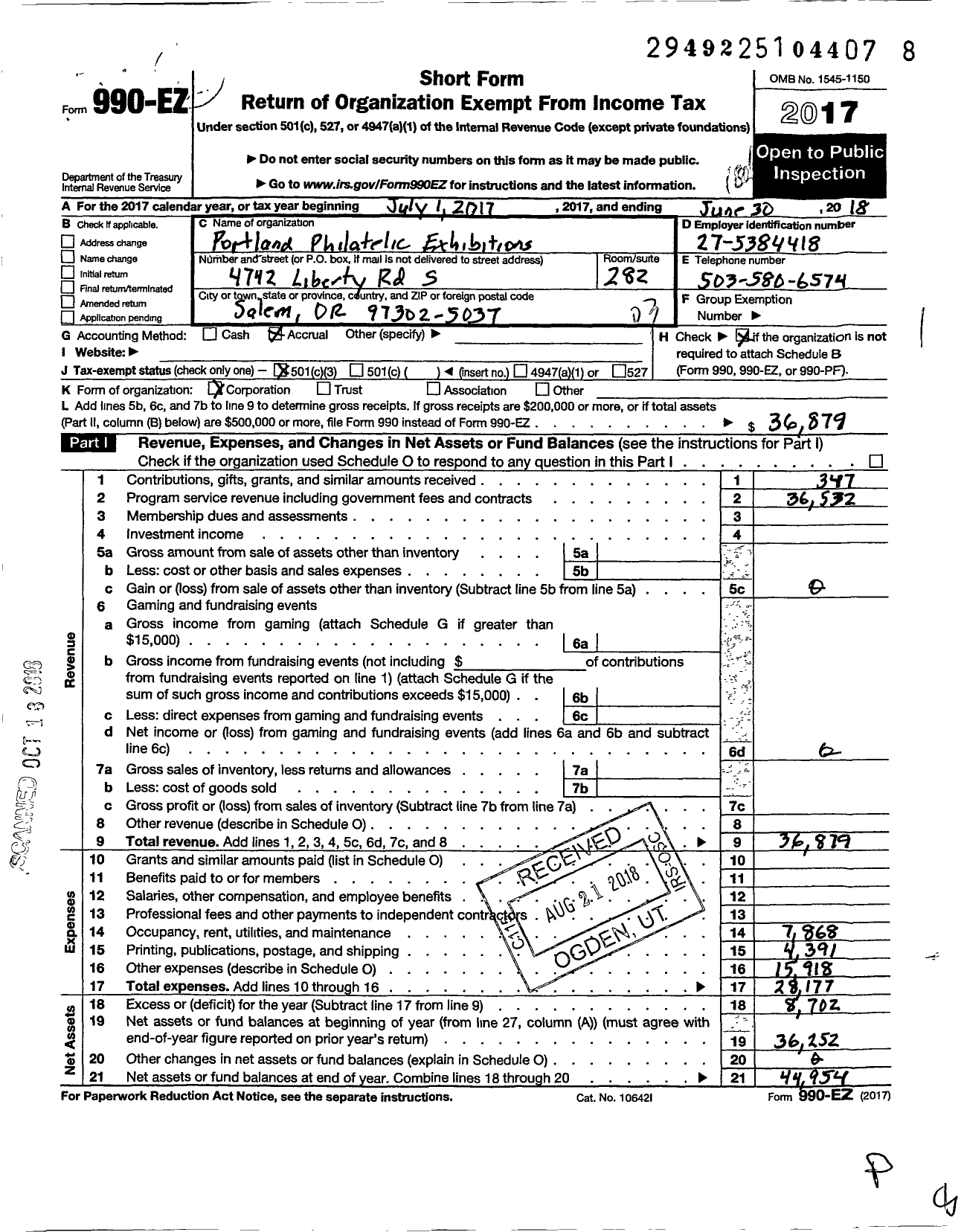 Image of first page of 2017 Form 990EZ for Portland Philatelic Exhibitions