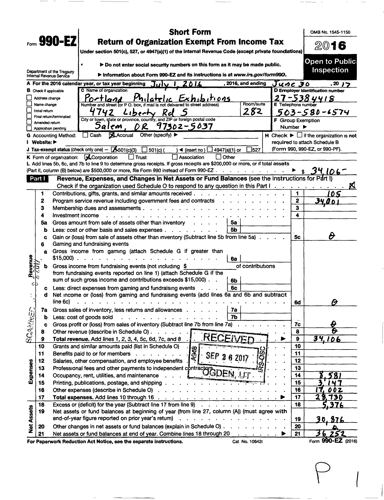 Image of first page of 2016 Form 990EZ for Portland Philatelic Exhibitions