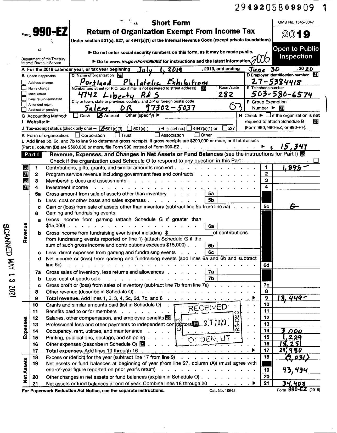 Image of first page of 2019 Form 990EZ for Portland Philatelic Exhibitions